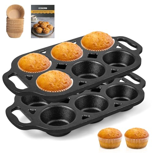 COSORM Pre-Seasoned Cast Iron Muffin Pan - 6-Cup Nonstick Cupcake Pan, 2 Piece Set