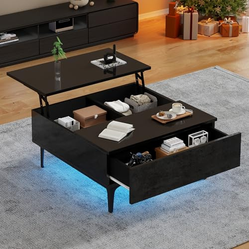 Kebnor Couchtisch, höhenverstellbarer Kaffeetisch mit verstecktem Stauraum und Ablagen,Hochglanz-Wohnzimmertisch, Sofatisch mit Schubladen 70 * 70 * 35cm (Schwarz)