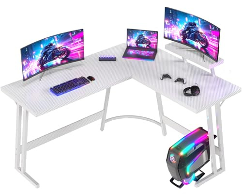JUMMICO L Shaped Gaming Desk with Large Monitor Stand 150x150x75cm,Corner Desk for Home Office Study Writing Workstation, White