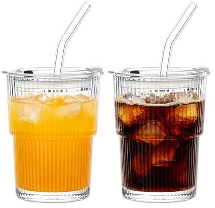 380ml Glass Tumblers with Lids and Straws - Set of 2, Clear Leakproof Tumbler Cup, Stylish Ribbed Design Drinking Glasses for Iced Coffee, Juice, Smoothies, Cold Beverages, Includes Cleaning Brush