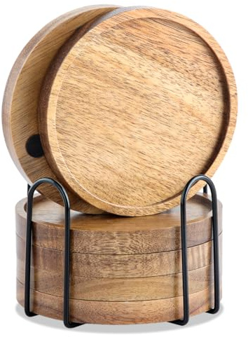 WLWNWFT Acacia Wood Coasters for Drinks with Lip 4.33in, Round Drink Coaster with Holder for Coffee Dining Table Wooden Table Coasters for Farmhouse Desk, Set of 6