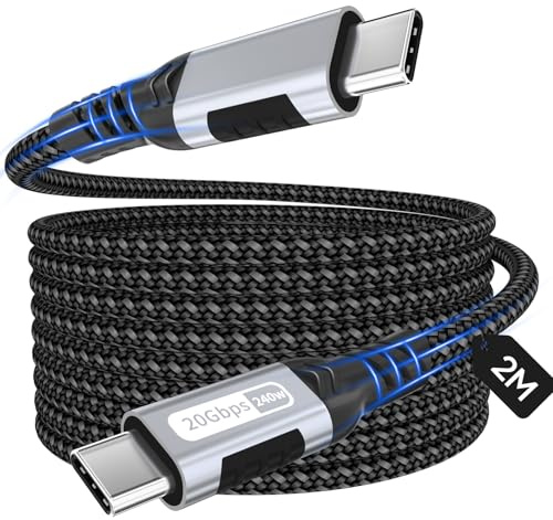 Zestiq Cable USB-C a USB-C 2M, Cable de Transferencia de Datos Tipo C 20Gbps, Carga Rápida PD 240W, Vídeo 4K@60Hz Compatible con Thunderbolt 3/4, MacBook, iPad Pro, Samsung S24/S23, SSD, Monitor