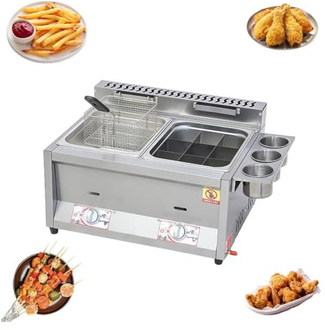 Friggitrice a Gas di Grande capacità, Friggitrice a Doppia Vasca in Acciaio Inossidabile con Cestello e Coperchio, Potenza Regolabile, per Patatine Fritte, Cucina Domestica, Ristorante