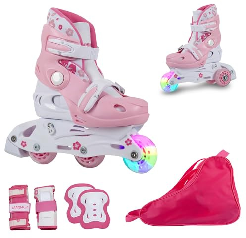 JAMBACH Kinder Inline-Skates verstellbar zum Rollschuh mit Protektoren-Set ohne Helm (pink, S 30-33)