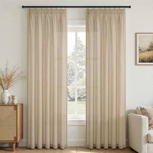 Topfinel Cortina Transparente De Lino Marrón Claro De 140x260 cm (An x Al) para Sala De Estar Dormitorio, Estilo Bohemio, con Banda Fruncida, Cortina Semiopaca para Riel, Juego De 2.