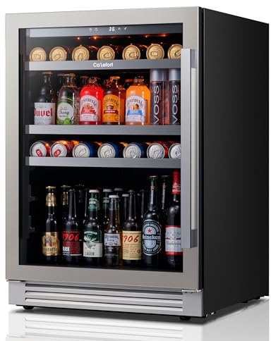 Ca'Lefort Beverage Refrigerator 24 Inch, 180 Cans Mini Fridge with Double Glass Door, Built-in or Freestanding Drink Cooler with Amber LED Light, Beverage Fridge for Kitchen Bar Office(Left-Hinged)
