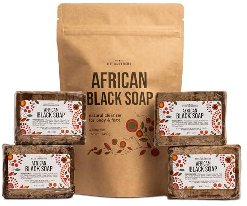 Raw African Black Soap Bar, 4 Pack (16 oz Total) - 100% Pure & Authentic Black African Soap from Ghana | With Shea Butter for Face & Body | Unscented Bar Soap for Men and Women