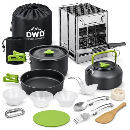 DWD® Complete Outdoor Cooking Kit – 16-Piece Camping Cookware Set with Pots, Pans, Kettle, Folding Stainless Steel Stove, Multi-Fuel Grill, and Travel Bag for Camping, Hiking, Backpacking, and Picnics