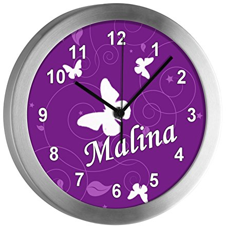 CreaDesign Kinder Funkwanduhr mit (Wunsch) Namen | Kinderzimmer Funkuhr| mit Analog ? Ziffernblatt | geräuscharm | Wanduhr Kind | Motiv Schmetterling Ornamente