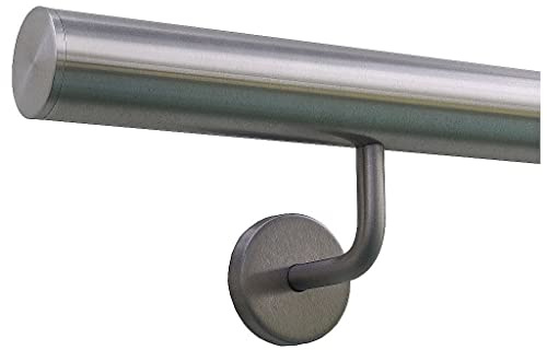 TIBU Handlauf Edelstahl 33,7 mm Geländer 0,3m - 6m, Länge 200 cm, Ende gerade Kappe und gewinkelte Halter