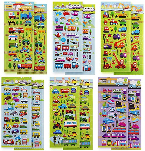 SAVITA 3D Aufkleber für Kinder, 400+ Aufkleber für PKW und LKW, 3D Puffy Aufkleber, einschließlich Autos, Züge, Flugzeuge, Feuerwehrautos, Hubschrauber, Motorräder, Schulbusse, Raumschiffe und mehr