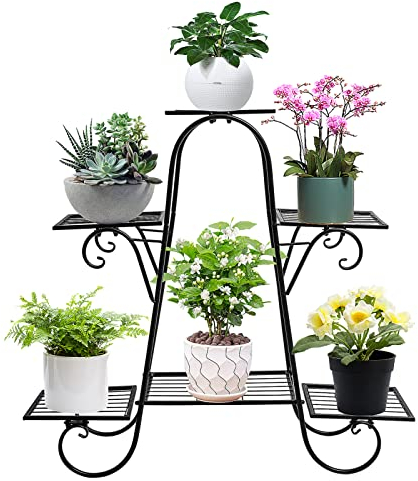 Queiting Metall Blumenständer schwarz Blumentreppe mit 6 Ebenen Retro Pflanzentreppe für Innen und Außen Garten Balkon Pflanzenregal Ausstellungsstand für Dekoständer Pflanzenständer
