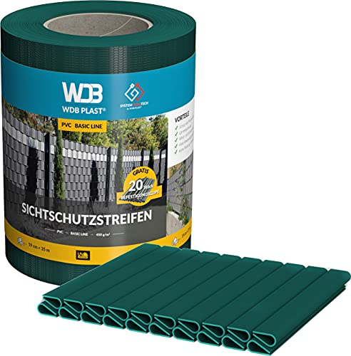 WDB - Sichtschutzstreifen für Doppelstabmatten Sichtschutz Zaun - 19 cm x 35 m + 20 Stück Befestigungsclips - PVC Windschutz Basic Line - Grün - RAL 6005