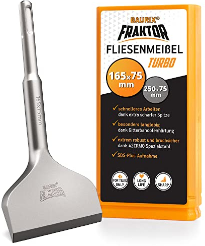 BAURIX® Scalpello SDS Plus - Sistema FRAKTOR® - Scalpello Piastrelle per rimozione delle piastrelle e adesivi per piastrelle senza sforzo - Scalpelli SDS Plus in acciaio speciale 42CrMo (165 x 75 mm)