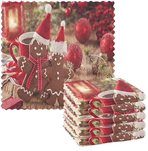 Lebkuchenmann-Geschirrtücher, 6 Stück, 27,9 x 27,9 cm, Geschirrtücher, Winterneujahr, Weihnachten, schnelltrocknend, Geschirrtuch, Reinigungstuch zum Waschen von Geschirr, Küche, Bar, Theke und Auto