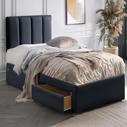 ComfoRest Divan 3FT Single Bed with Mattress Included and Storage, Black | Made in Britain | 91.5 x 190.5cm | medium-firm mattress included and ready to sleep on | upholstered plush fabric
