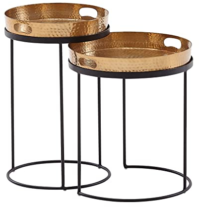 möbelando Beistelltisch 2er Set Gold/Schwarz Metall Hammerschlag Satztisch Rund | Couchtisch abnehmbares Tablett | Tabletttisch Sofa 2 teilig Modern | Runder Sofatisch