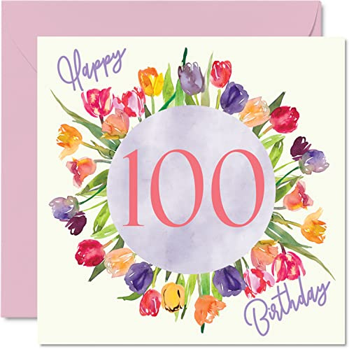 Schöne Geburtstagskarte zum 100. Geburtstag für Frauen, Geburtstagsgeschenk | Aquarell-Tulpen, Blumenstrauß, Happy Birthday-Karte für sie, tolle Oma, Nanny, Großmutter, 145 mm x 145 mm