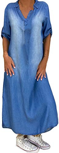 Jeanskleid Damen Lang Hemdkleid Denim Kleid Maxi Sommerkleider Locker Freizeitkleid Mit Taschen V-Ausschnitt GroßE GrößE Blusenkleid Sommer Kleid