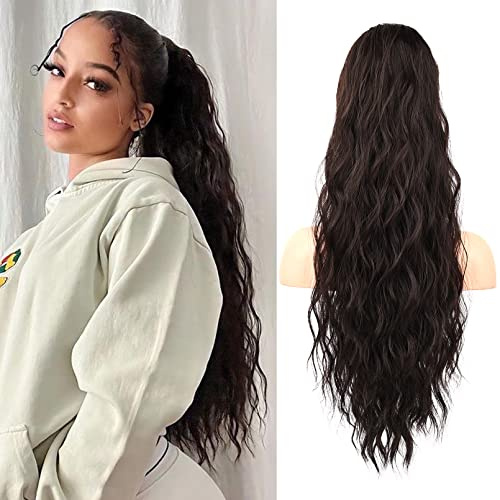 Flufymooz Ponytail Extension Pferdeschwanzverlängerung, 66 cm Pferdeschwanz mit Kordelzug Haarverlängerungen, Lockiger Pferdeschwanz Synthetisches Haarteil für Damen (Schwarz Braun)