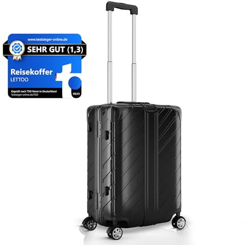 LETTOO Hartschalenkoffer Kleinkoffer 42L | Reisekoffer mit Alu-Rahmen - Extrem Stabiler Trolley Koffer mit Taschen-Befestigung [WASSERGESCHÜTZT] Eckenschutz (schwarz, Handgepäck 20 Zoll)