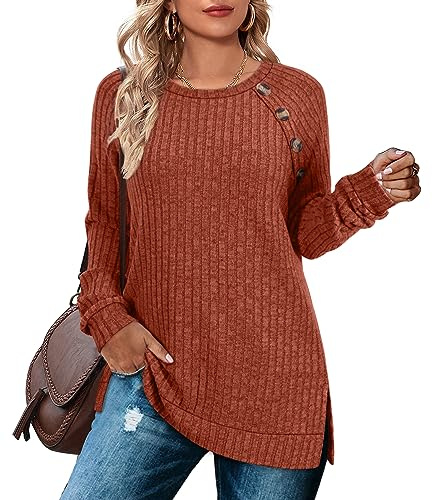 Aokosor Long Sleeve Tops Women Lightweight Jumpers Ladies Button Side Splits Tunic