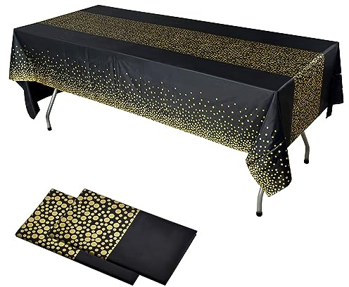 DAWRIS Nappe de Fête 2 pièces Noir Or Jetable pour Table Rectangle Nappe Anniversaire Confettis Points Or pour Douche Nuptiale Anniversaire Fiançailles Mariage Noël 137 x 274 cm (Noire, 2pcs)