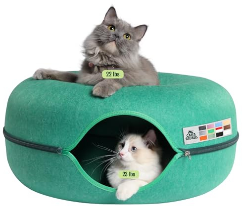 Cattasaurus Peekaboo Katzenhöhle Donut für mehrere & große Katzen bis zu 13.6-20.4 kg, 3-in-1 selbstwärmendes Katzenbett, Tunnel & Kratzbaum für Indoor-Katzen, waschbares & abnehmbares Hundebett