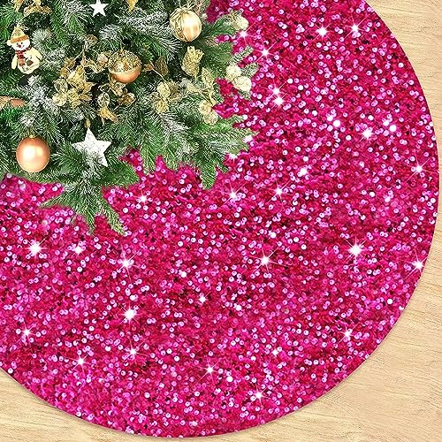 ROMANKAS Hot Pink Christmas Tree Skirt Sequin Tree Skirt 36 Inch Sparkling Velvet Tree Mat Fuchsia Xmas Tree Skirt Shiny Glitter Tree Skirt Cover for All Seasons Tree Holiday Party Decoration