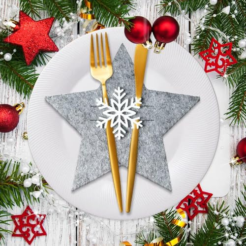 BNGXR Besteckhalter Weihnachten Filz, 12 Stück Bestecktasche Stern Ungiftig und Geruchlos Weihnachten Besteckhalter, Wiederverwendbar Weihnachtsbaum Besteckhalter Filz für Besteck, Messer