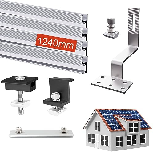 Sorlpv Solarmodul Halterung Balkonkraftwerk Ziegeldach mit 1240mm Montageschiene, Dachhalterungen Solarmodule Befestigung mit Dachhaken aus Edelstahl und Schwarze Klemme, für 4 x 30mm PV Module