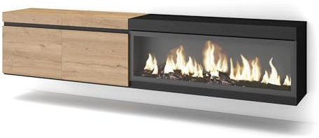 Skraut Home | Mueble TV | Televisión | Muebles de salón, almacenaje | 210 | para TV hasta 80 | Chimenea eléctrica XXL | Colgado, Suspendido | Estilo Moderno | Roble y Negro