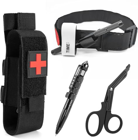 Bandage Tourniquet Set Delmkin Taktisch Trauma Kit Einhändig turneykey Cat tourniquet mit holster mit Tactical Pen und Schere Tourniquet Holster für Outdoor Sport, Wandern, Bergsteigen und Camping