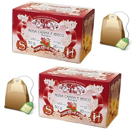 Sweet Herbs® | Tisana Rosa Canina e Ibisco | Infuso Biologico Erbe Azione Antiossidante - 2 x 20 Filtri in Singole Bustine (60 Gr)