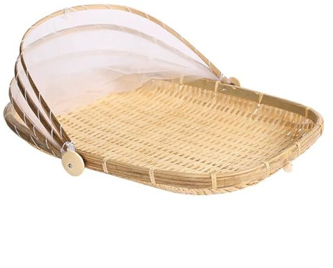 tangqindianzi Corbeille à Fruits en Bambou avec Protection Anti-Mouches - Plateau de Service Alimentaire - Couvercle de Panier à Pain - Panier de Pique-Nique en rotin tressé pour collations (46cm)