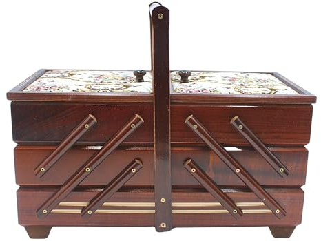 Dekohelden24 Hochwertiger Nähkasten, Nähkästchen aus Furnierholz mit 7 Fächern und Stoffbezug Rosenmotiv in Braun, L/B/H 42 x 20 x 21 cm