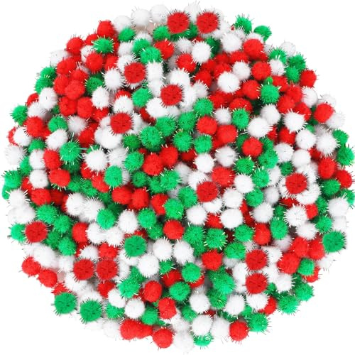 SEPGLITTER 1000 pompon natalizi, colore rosso, verde, bianco, glitterato, per artigianato, fai da te, vacanze, decorazioni natalizie (3 colori, 1 cm)