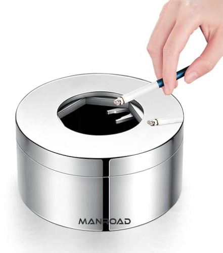 MANROAD Ashtray, Smokeless Ashtrays for Cigarettes Indoor Cigar Ashtrays 304 Stainless Steel Ash Tray Outdoor Car Ashtray with Lid Smell Proof Windproof Ashtray for Home Office Patio Decoration
