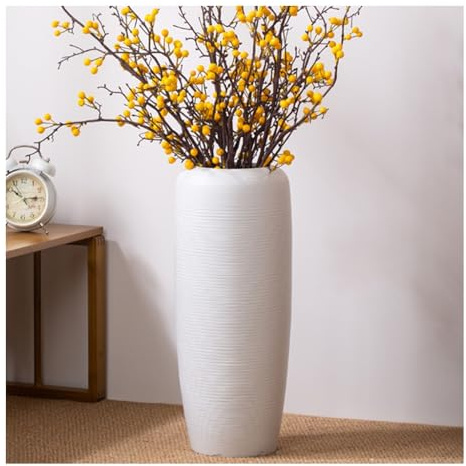 Jarrón grande moderno de pie para decoración de casa de campo, para sala de estar, suelo, decoración del hogar con arreglo floral seco, color blanco, 50 cm