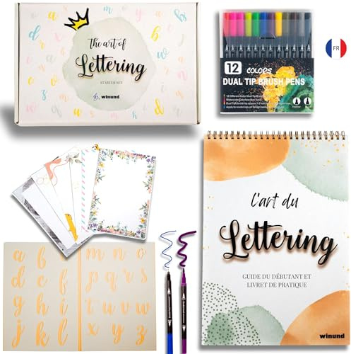 Winund Kit Lettering et Calligraphie pour Débutants et Adultes – Set Complet avec Feutres de Lettering et Cahier d’Exercices – Idée Cadeau Créative (FRANÇAIS)