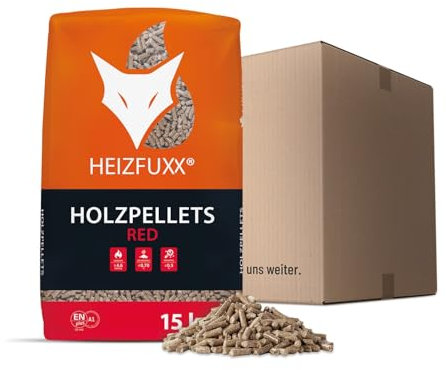 HEIZFUXX Holzpellets Red Sackware 15 kg - 6mm Hartholz Pellets mit hohem Heizwert & geringem Ascheanteil - Premium Heizpellets für Feuerrohr, Kamin, Ofen, Grill oder Smoker