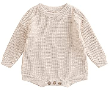 XIXIMAON Newborn Sweater Romper Baby Girl Boy Long Sleeve Crew Neck Chunky Knitted Jumper Crotch Button Bodysuit Infant Toddler Fall Winter Clothes (Light Milk White, 0-3 Months)