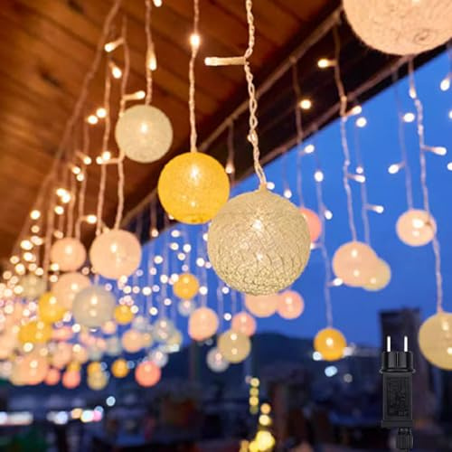 Xevinas Lichterkette Kugeln, 3m 96er Cotton Ball Lichterkette Innen Außenbereich 8 Beleuchtungsmodi Mit Timer, Wasserdicht Lichtervorhang Lichterkette Deko Mit PVC Transparenter Draht Für Party (A)