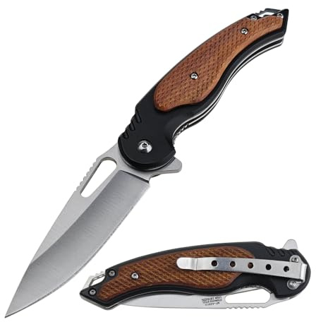 MTECH USA Folding Pocket Knife, 3.53 Drop Point Blade, Wood Inlay and Steel Handle with Clip, 8.07 Overall Length, Pocket Clip, EDC (Dark Brown)