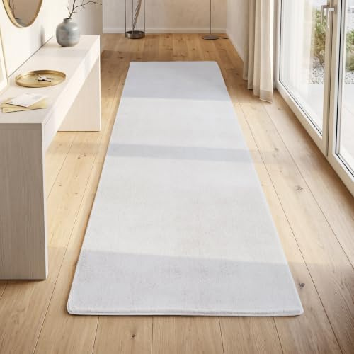 HomebyHome Läufer Teppich Weiss 80x250 cm Waschbarer Kurzflor Teppich, rutschfest & weich, modernes einfarbiges Design für Schlafzimmer, Küche & Flur