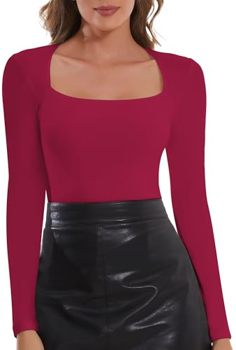 SHAPERIN Maglia Donna Manica Lunga Collo Quadrato Maglietta Sexy Top T-Shirt Slim Fit vestibilità Classica