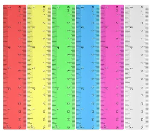 6 Stück Kunststoff Lineal, Bunt Transparent Lineal, Lineal 15cm Grundschule, Umrechnungstabelle Zoll in Cm, für Schule, Büro, Zuhause(Rot/Gelb/Grün/Blau/Violett/Transparent Je 1)