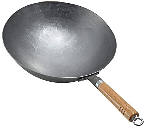 CHFYIJYHM Padella Wok Tradizionale Wok in Acciaio al Carbonio martellato a Mano con Manico in Legno e Acciaio Manico Rimovibile Wok Spesso - 36 cm