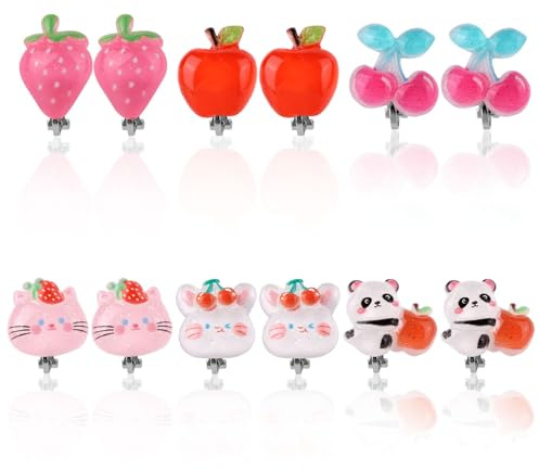 6 Paar Ohrclips Kinder, Ohrclip Set für Kinder Ohne Piercing Süßes Schmuckgeschenk im Kirsch Erdbeer Panda Katzen Stil