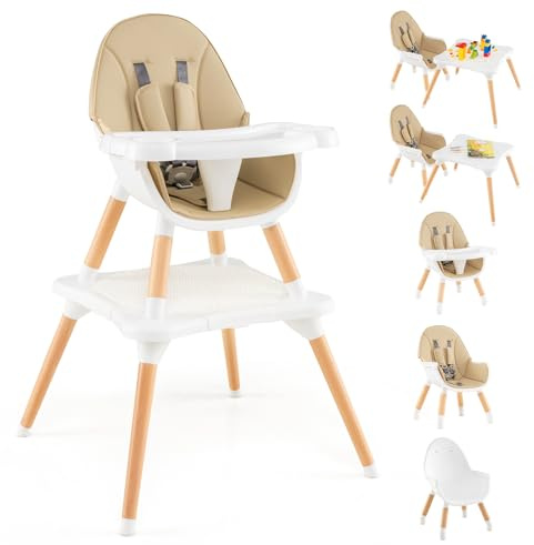 GOPLUS Trona para Bebé 6 en 1, Silla Convertible para Niños con Bandeja Desmontable de 4 Posiciones, Arnés de 5 Puntos, Mesa de Bloques de Construcción Madera para 6 a 36 Meses (Caqui+Blanco)